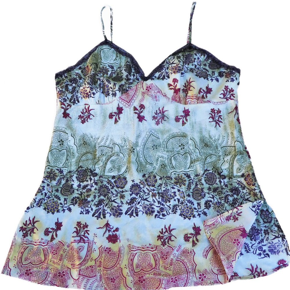 Vintage Y2K Xhilaration Satin Cami Top Boho Lace Neckline Trim Mixed Prints XL